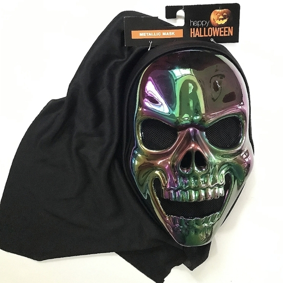 Halloween Iridescent Skull Mask Metallic Face Hooded Costume Skeleton Scary NWT - Picture 1 of 1